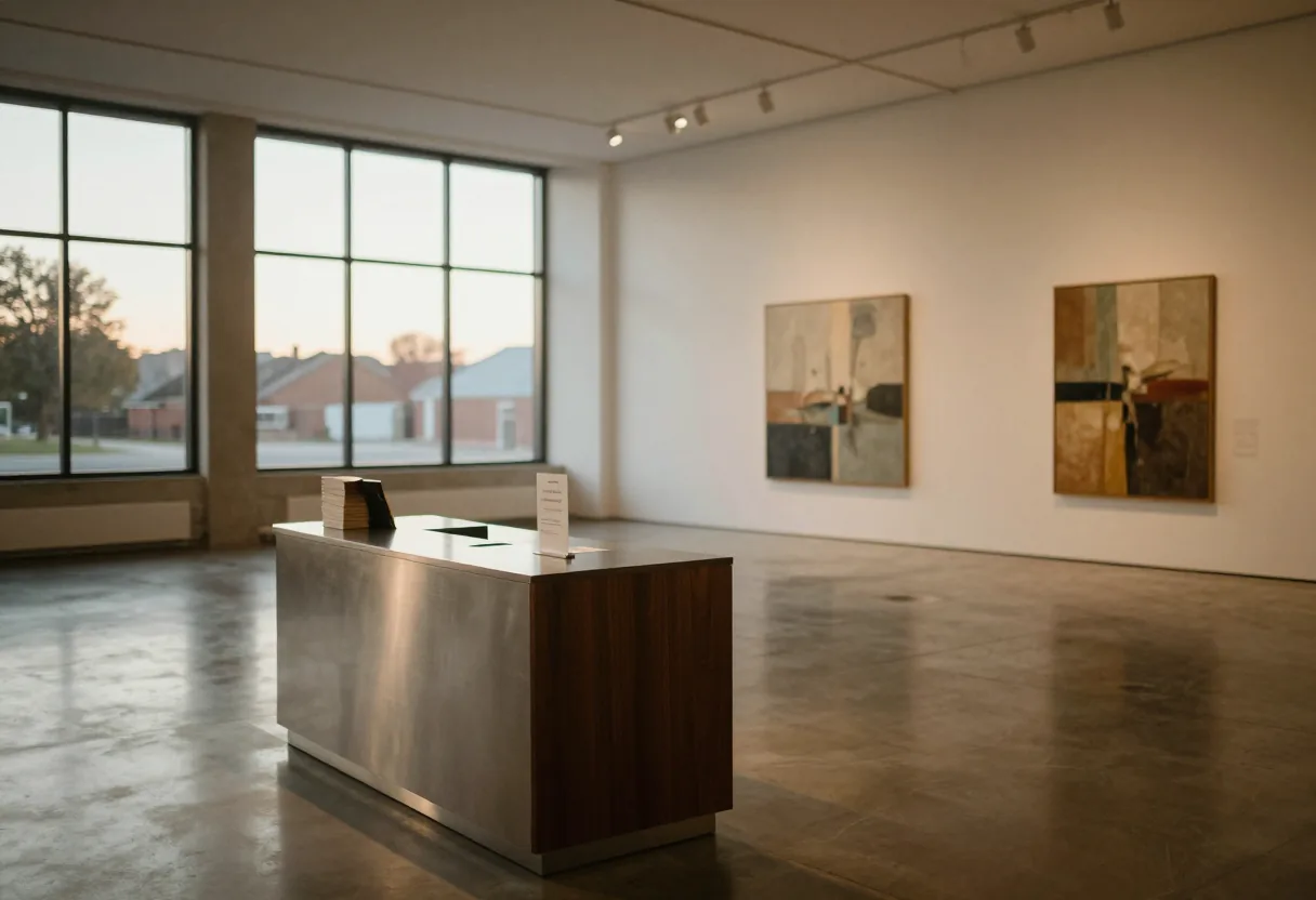 Sunlit art gallery, Richmond, showcasing paintings and sculptures, empty in late afternoon.