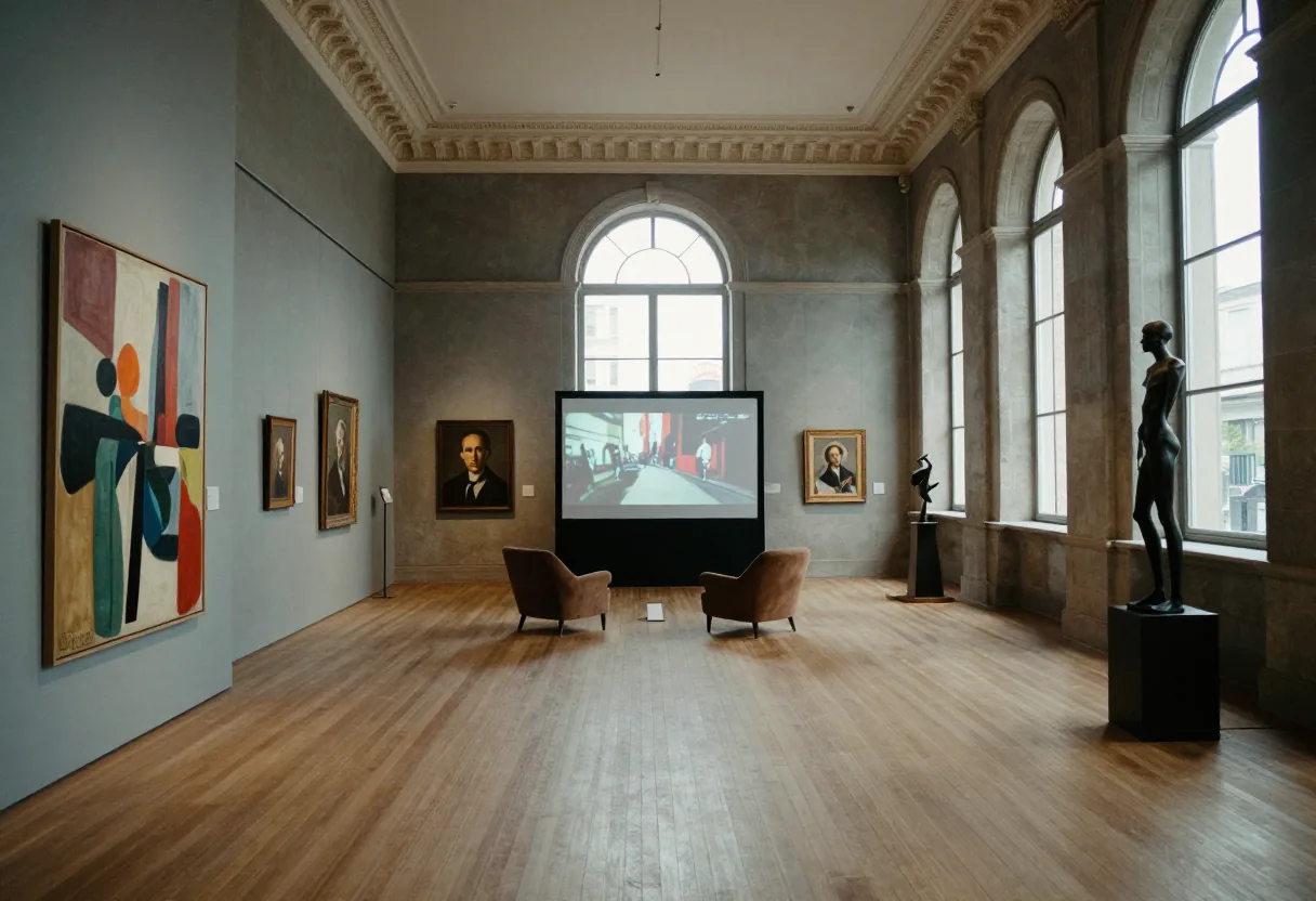 A gallery with art and entertainment pieces, blurred boundaries, soft natural light.
