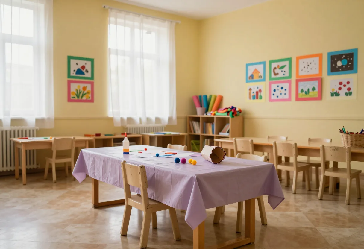 Preschool classroom with art supplies and children's crafts, arts and crafts activities.