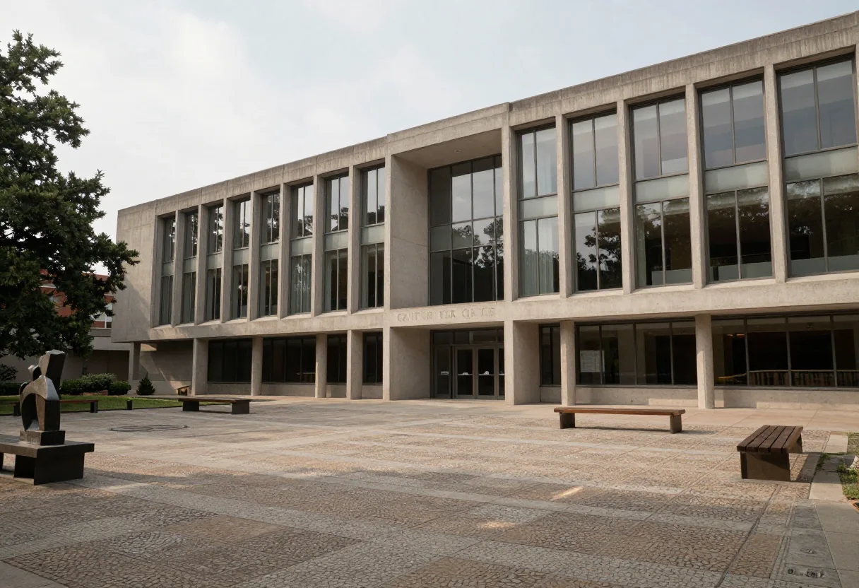 Cantor Center for Visual Arts, empty gallery with artworks under overcast sky.