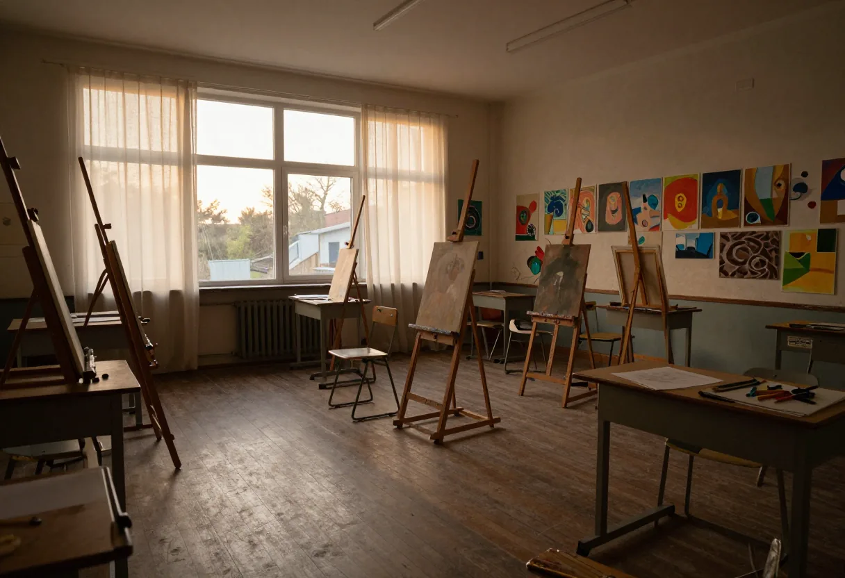 Students' artwork displayed in a sunlit classroom, showcasing visual arts integration.
