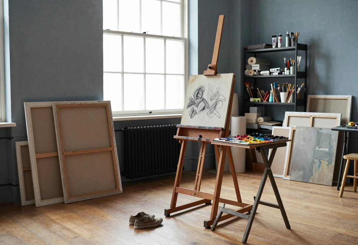 Sunlit art studio with scattered materials, canvases, and tools, embodying visual arts core concepts.