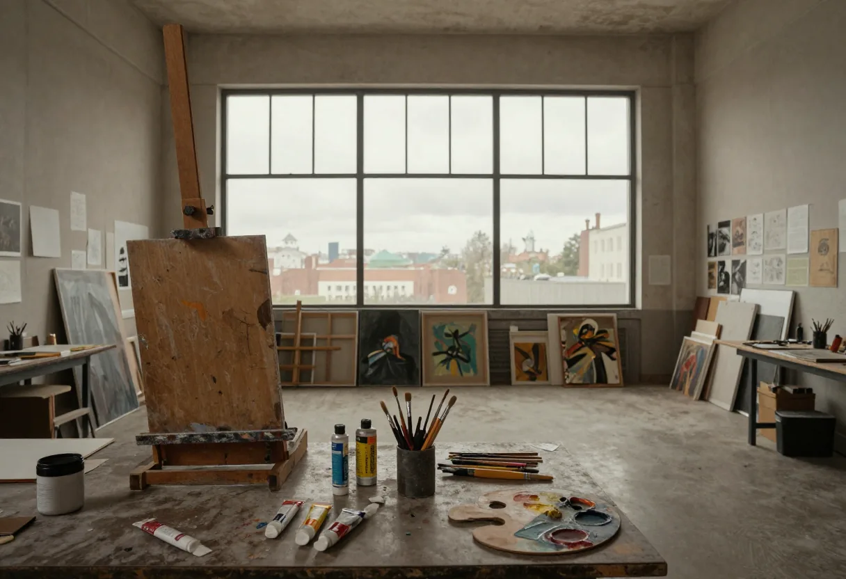 Art studio with large windows, filled with canvases, easels, and scattered art supplies, educational foundations.