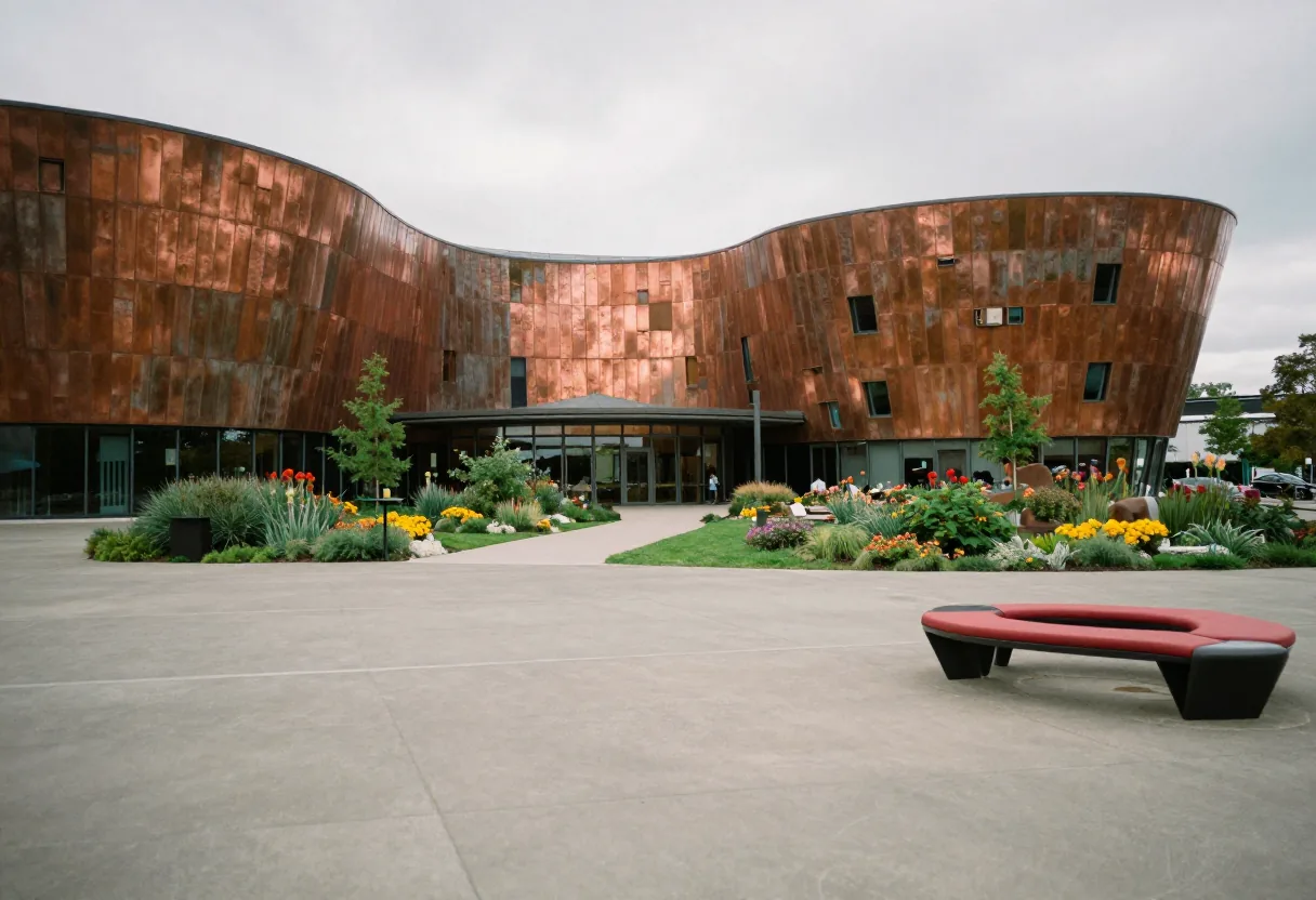 Modern art center with large windows, showcasing exhibitions and accessibility features.