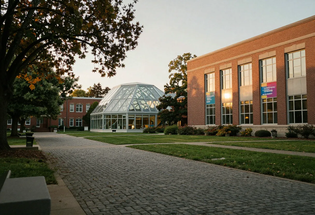 Modern campus buildings under soft afternoon light, HCC Central Performing and Visual Arts campus guide.