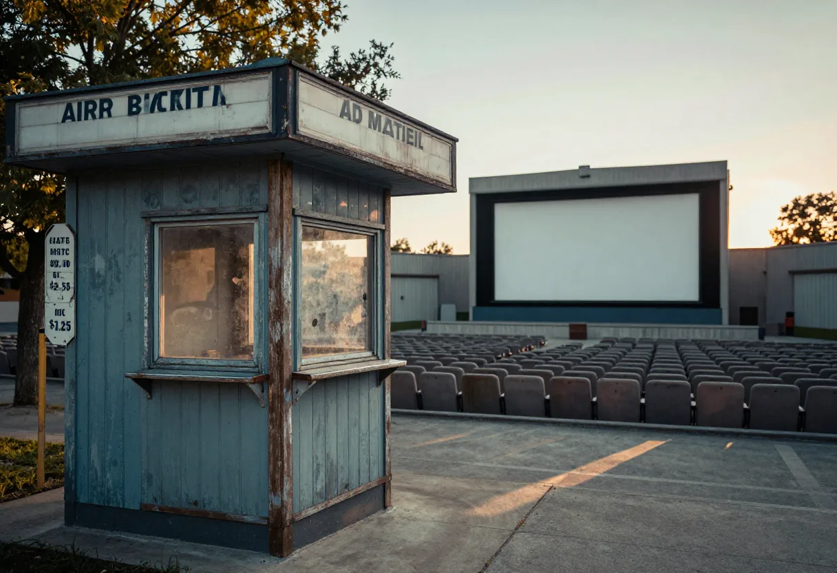 Weathered ticket booth at an old open-air cinema, budgeting and pricing for entertainment.