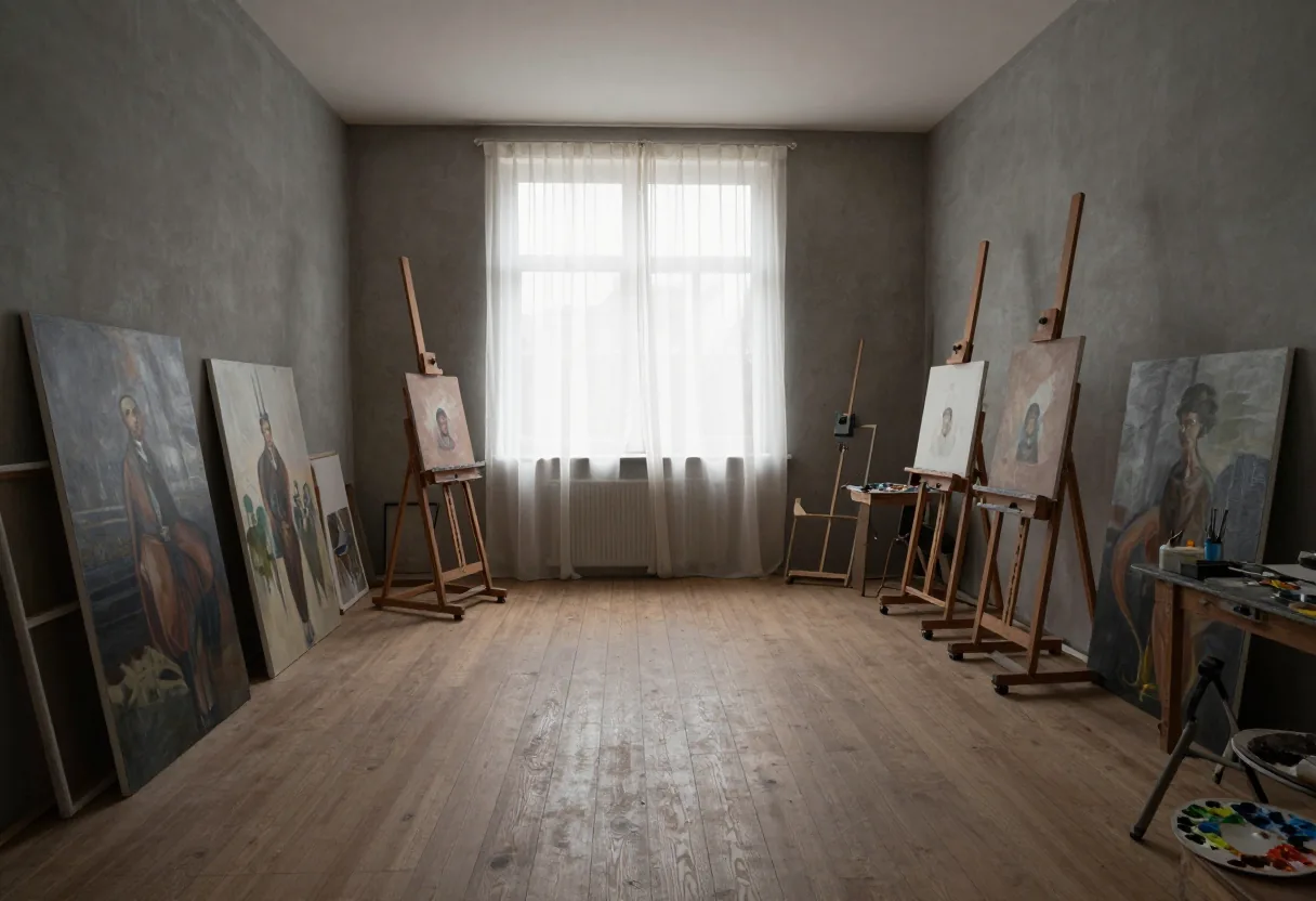 A deserted art studio with hyperrealistic paintings, highlighting hyperrealism visual arts production costs and demand.