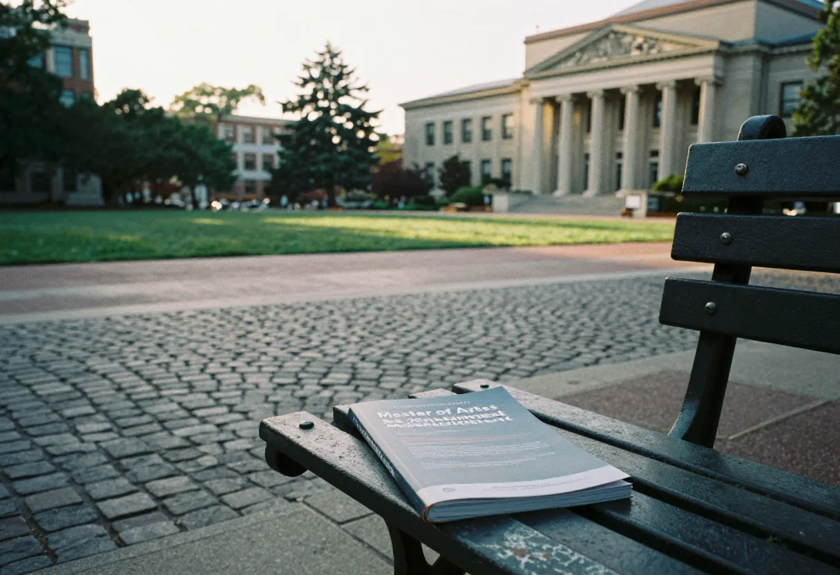Deserted campus quad under late afternoon light, Master of Arts and Entertainment Management program guide.