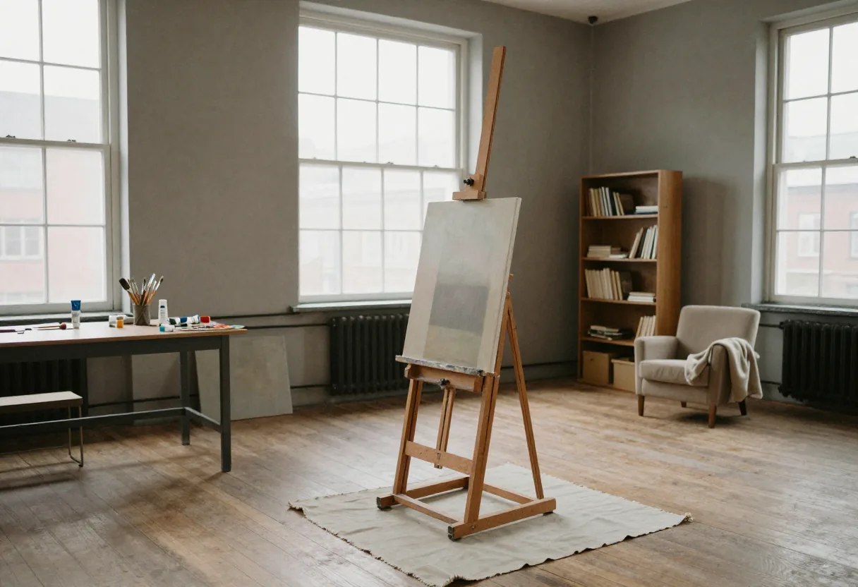A minimalist art studio with simple furniture and natural light, showcasing the topic minimalism visual arts.