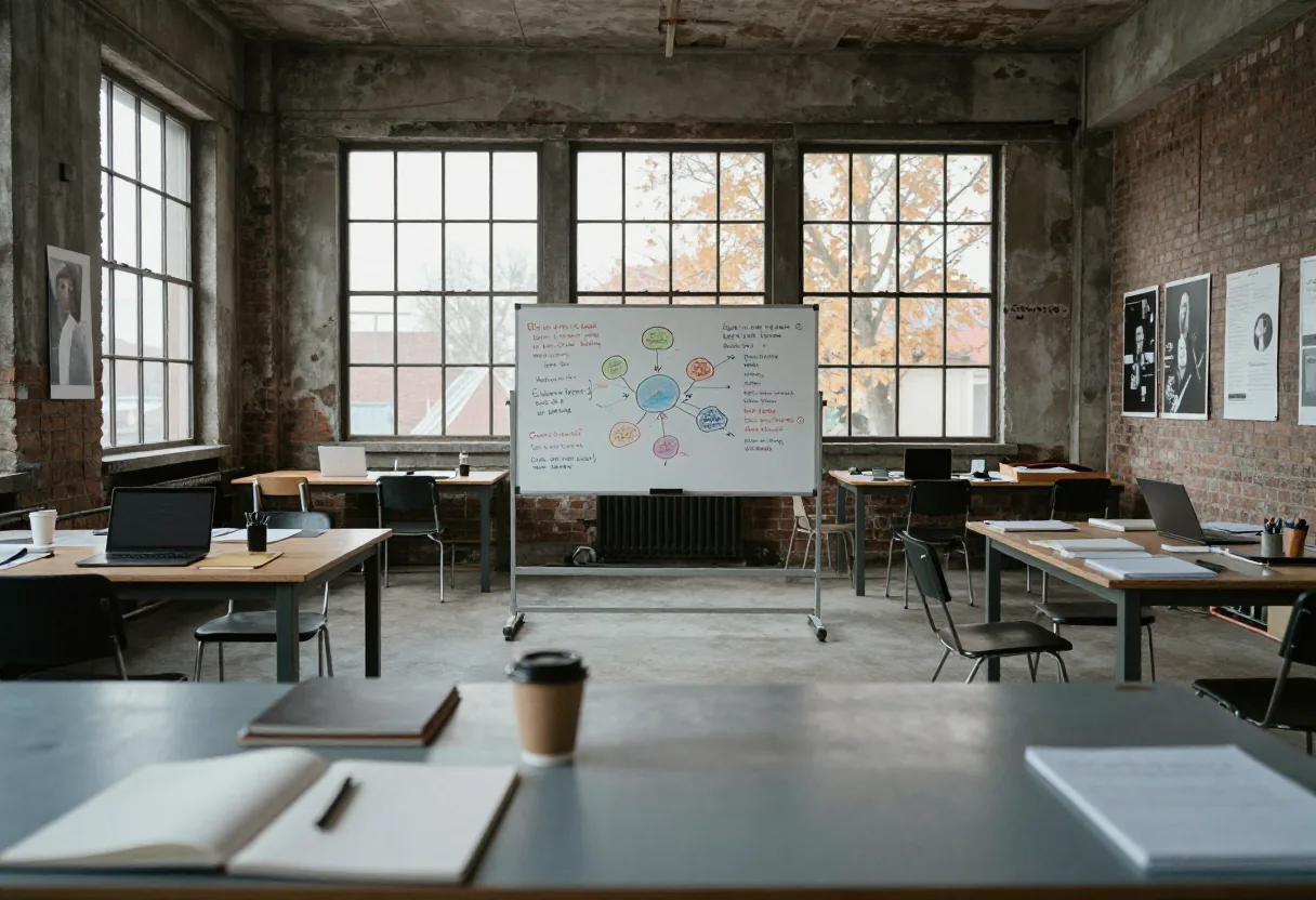Artists' career development plan on table in repurposed factory workshop.