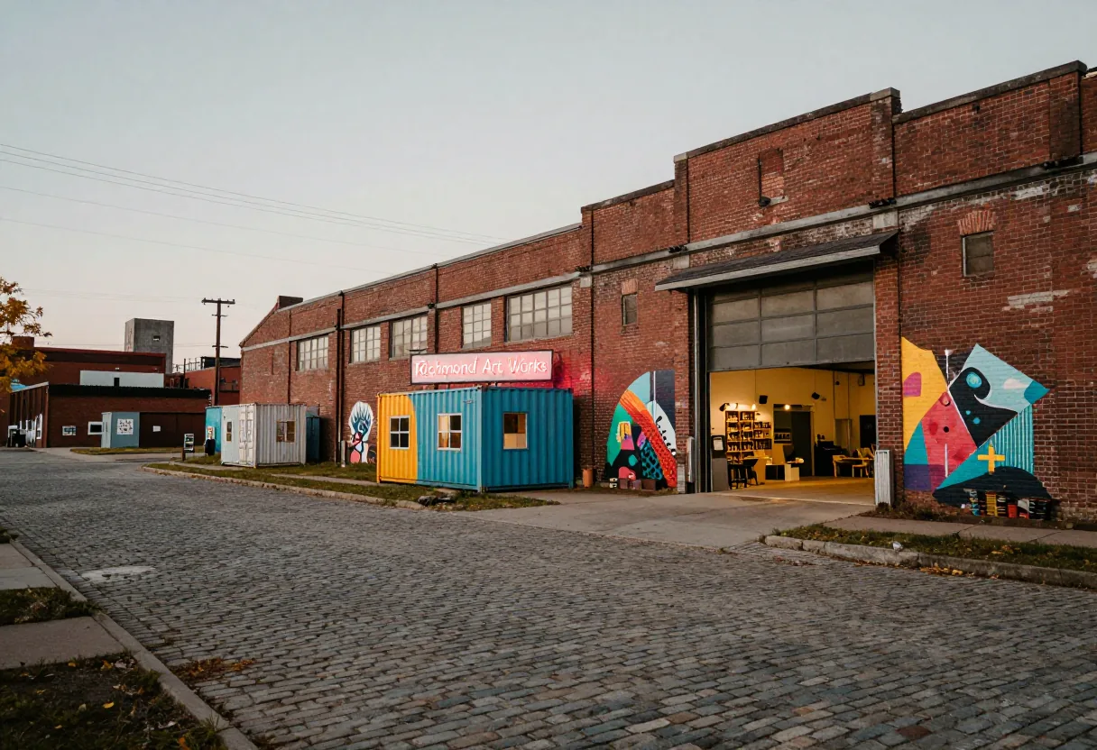 Vibrant murals adorn a deserted warehouse, signifying Richmond Art Works' local economic impact.