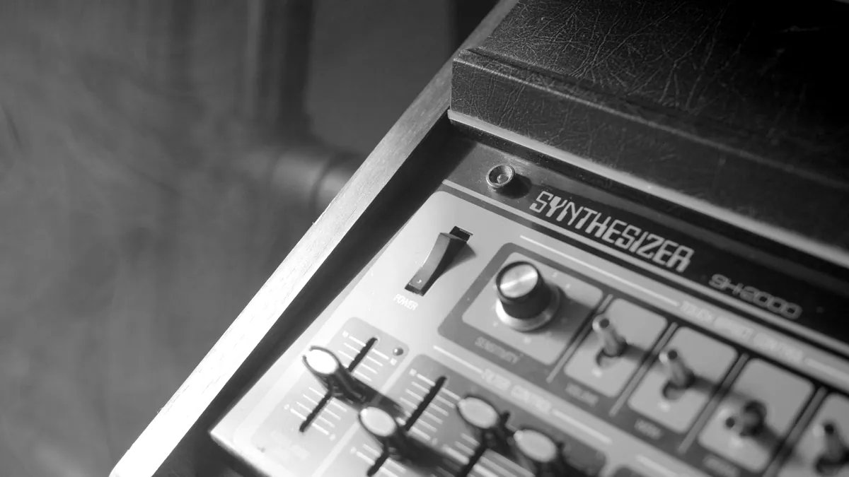 The controls of a modular synthesizer.