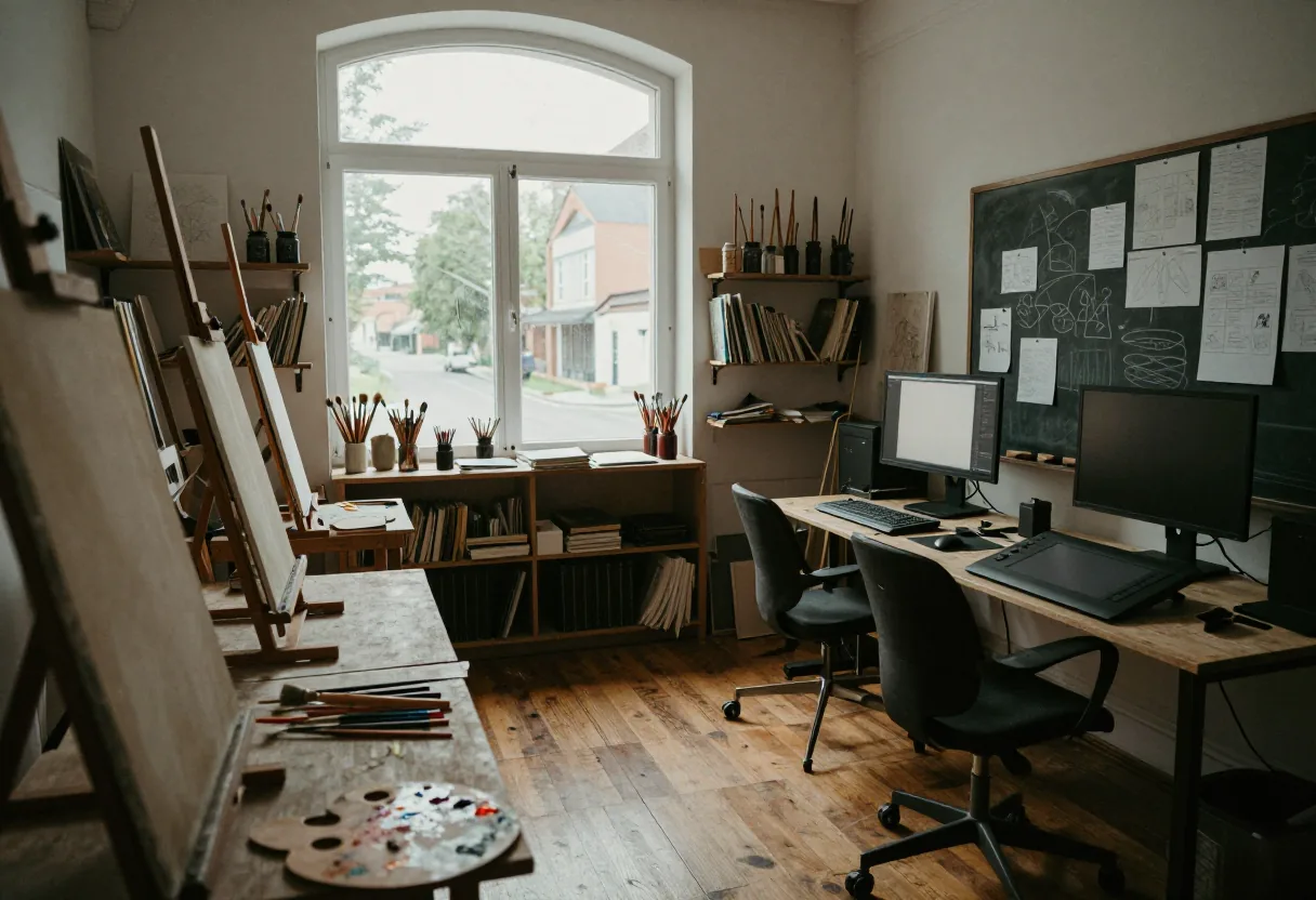 Empty studio with soft light, comparing learning approaches, Versus Arts.