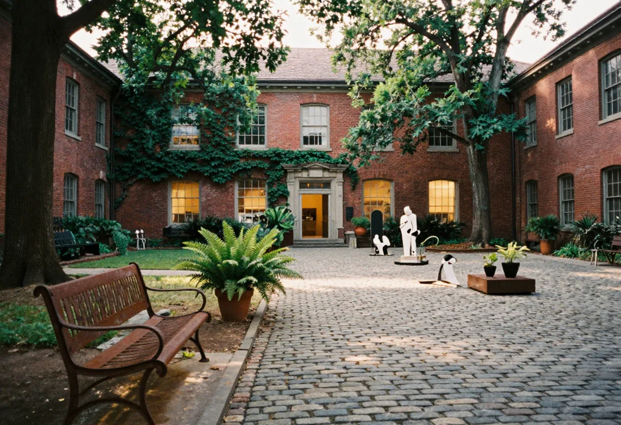 Sunlit courtyard with mature trees at Virginia Visual Arts Center's facilities.