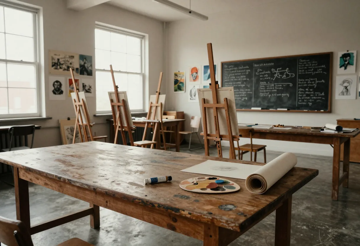 Art classroom with easels, paints, and drawings, showcasing visual arts classes curriculum and enrollment.