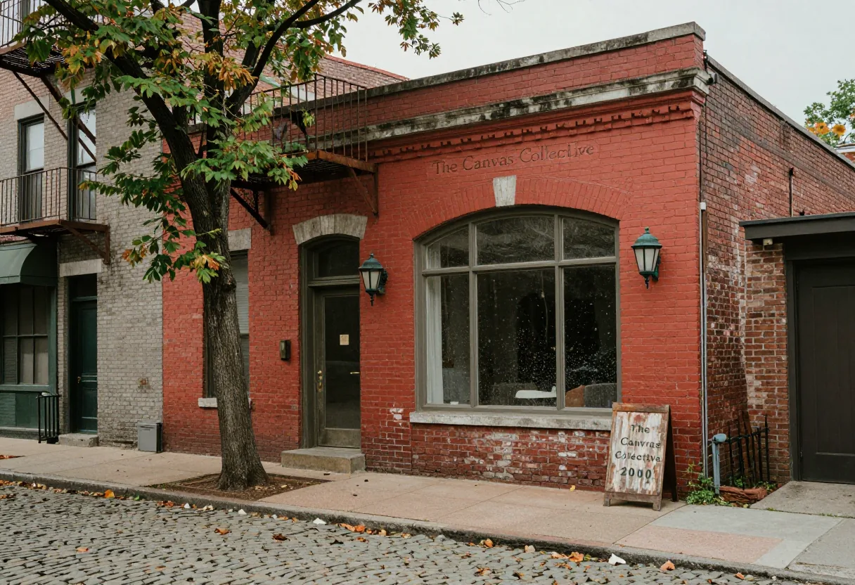 Weathered brick building hosting collaborative visual arts collective, overcast afternoon.
