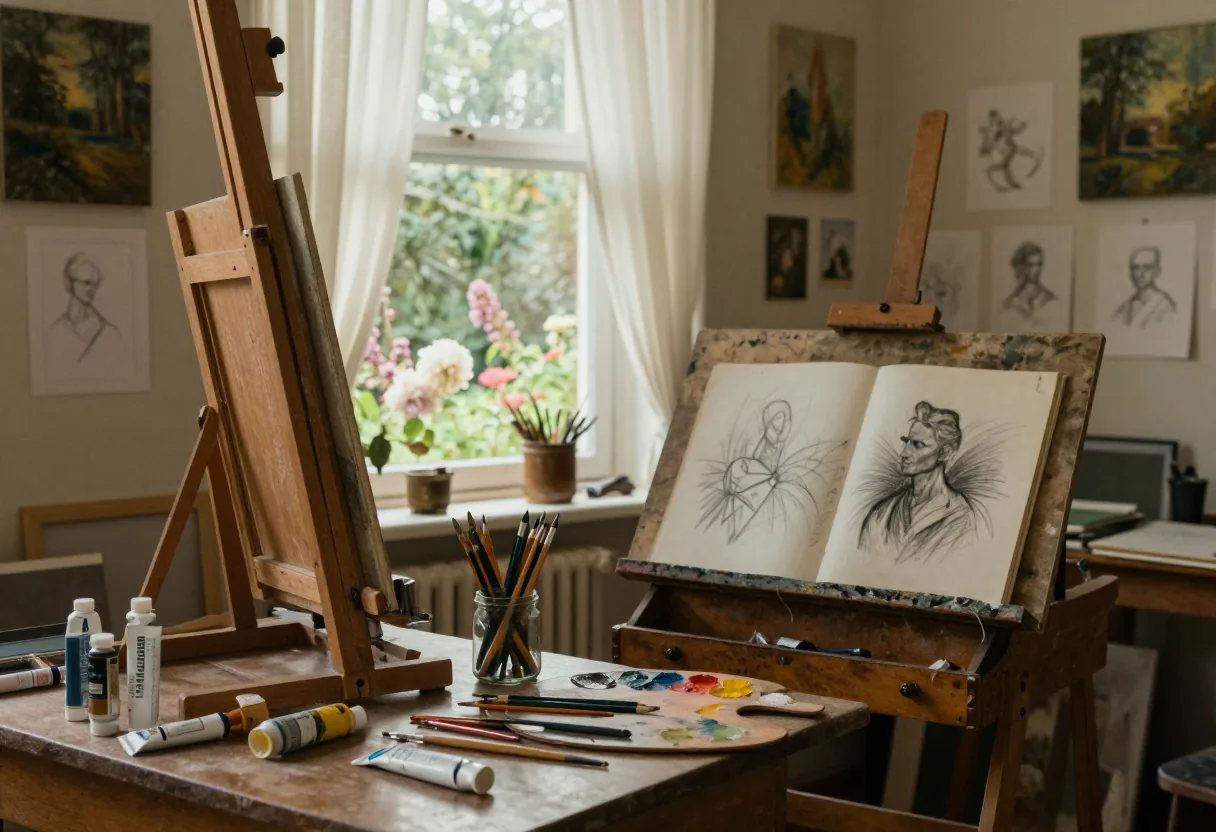 Sunlit art studio with ivory walls, shelves of supplies, and scattered creative materials.