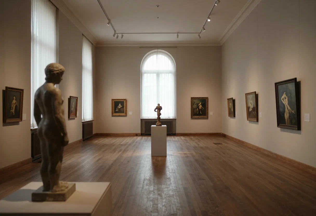 Empty art gallery with muted tones, soft diffused light, wide-angle view. Visual Arts Pricing Models.