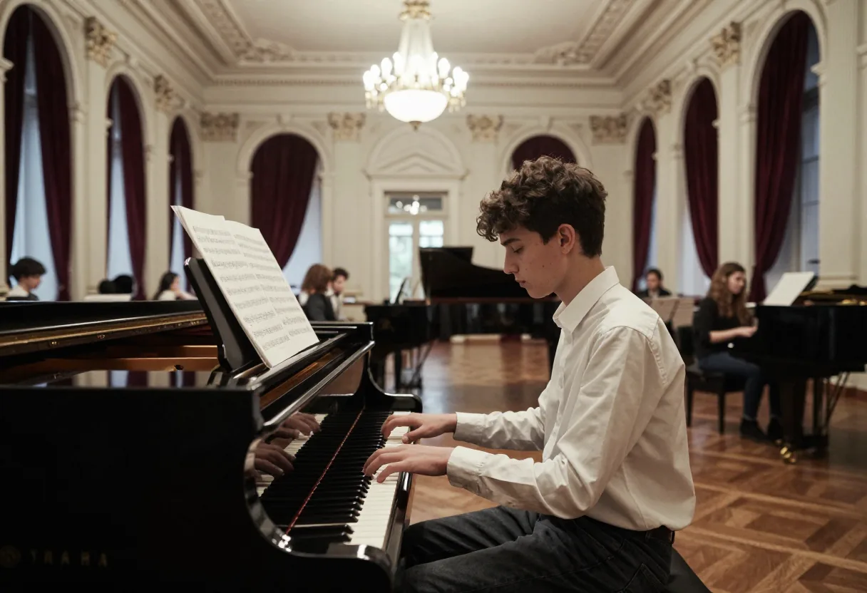 A young composer at a piano in a grand concert hall lobby, competition entry form in hand. Young Composer Competition.